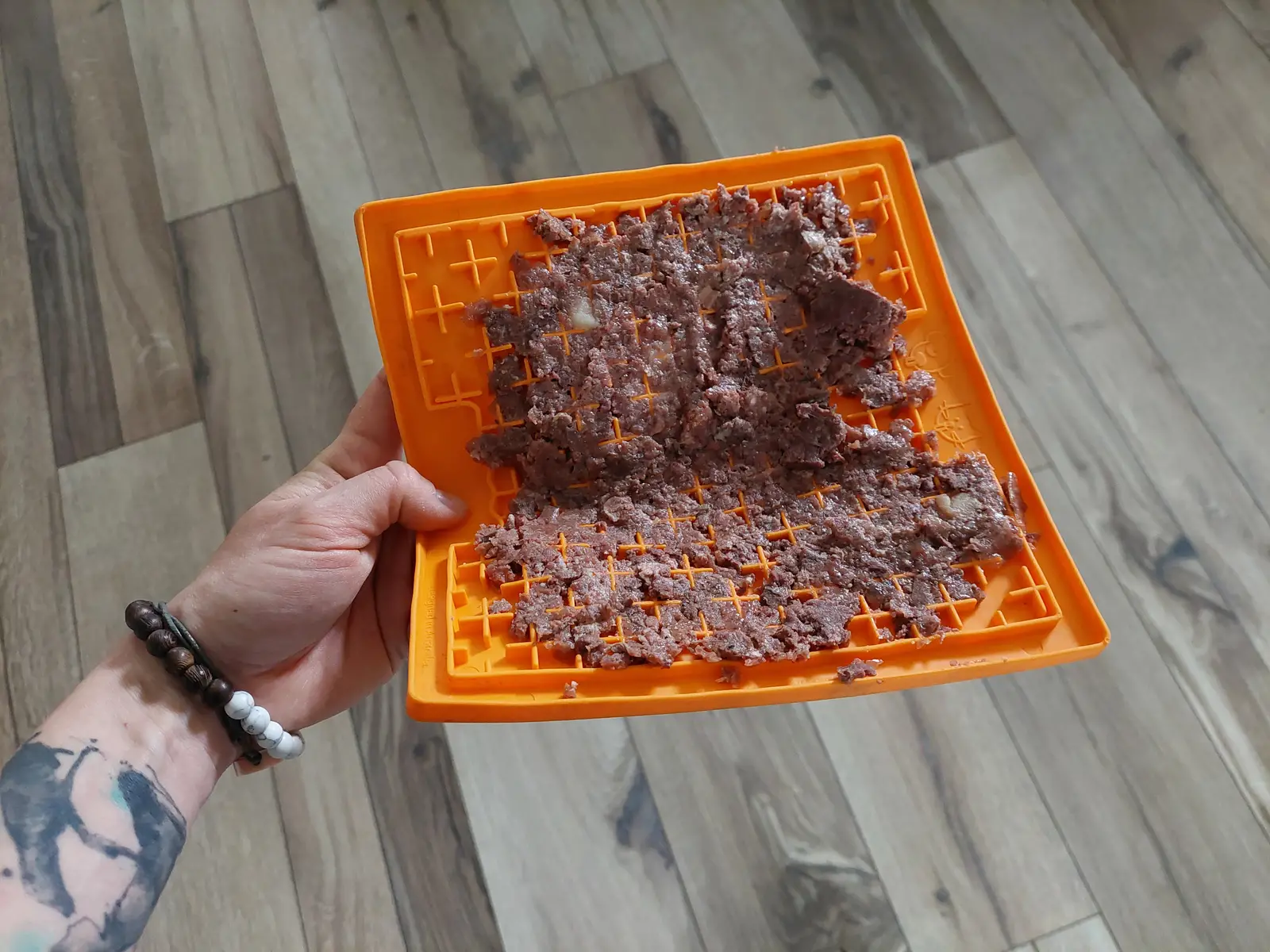 05.04.2022: Wenn die Matte leer ist, ist der Hund müde 05.04.2022: Schleckmatte mit Futter darauf